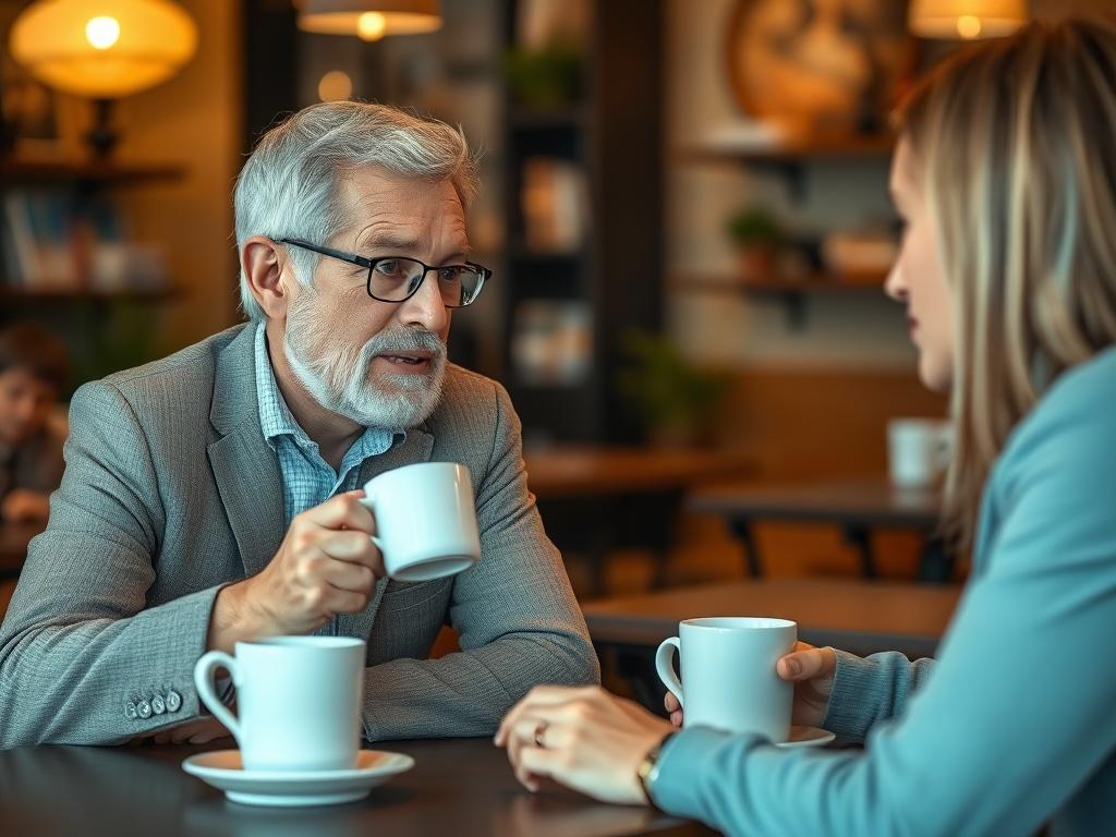 A realistic high-resolution image of a mentor and mentee engaged in a discussion over coffee in a cozy café setting. The mentor, an experienced professional, is sharing insights with an attentive young professional. The background should be warm and inviting, emphasizing a supportive environment.