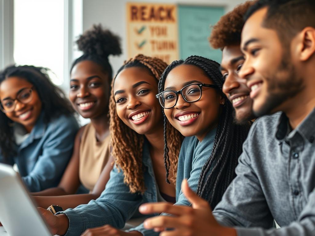 A close-up image of a diverse group of young women and men engaged in a workshop, showcasing teamwork and collaboration. The setting should be bright and inviting, with motivational materials in the background, symbolizing empowerment and growth. The focus should be on their expressions of enthusiasm and determination, taken with a 45mm f/1.2 lens for a hyper-realistic effect.