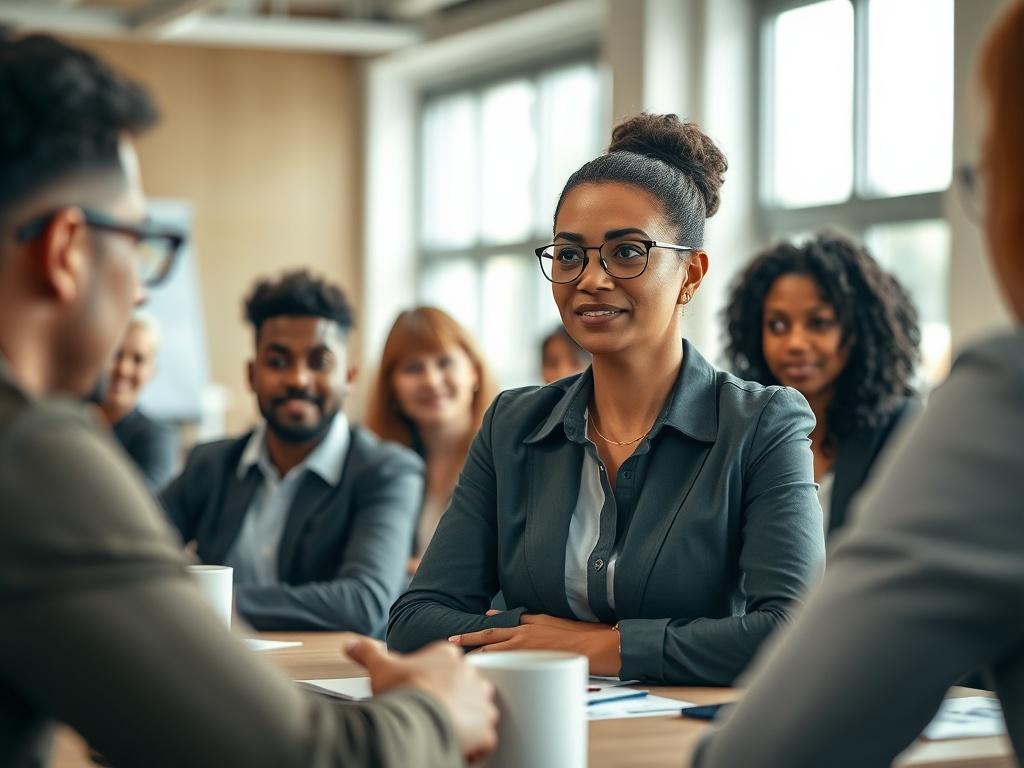 A high-resolution image showcasing a confident woman leading a discussion in a workshop environment. The setting should reflect professionalism and empowerment, with diverse participants engaged and attentive. The composition should focus on the woman's leadership qualities, emphasizing her presence as an inspiring figure, captured with a 45mm f/1.2 lens.