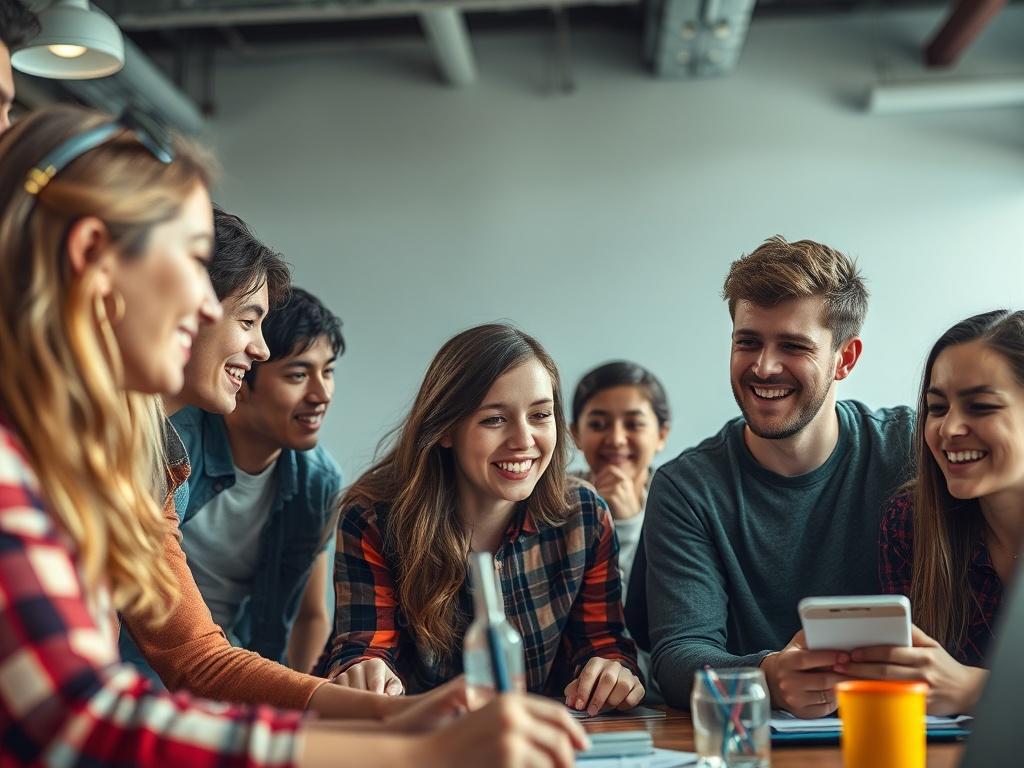 A vibrant image of a group of young people collaborating on a project, brainstorming ideas, and showcasing creativity. The setting should be dynamic and energetic, reflecting enthusiasm and teamwork. The close-up should capture their expressions of excitement and engagement, shot with a 45mm f/1.2 lens for a lifelike quality.