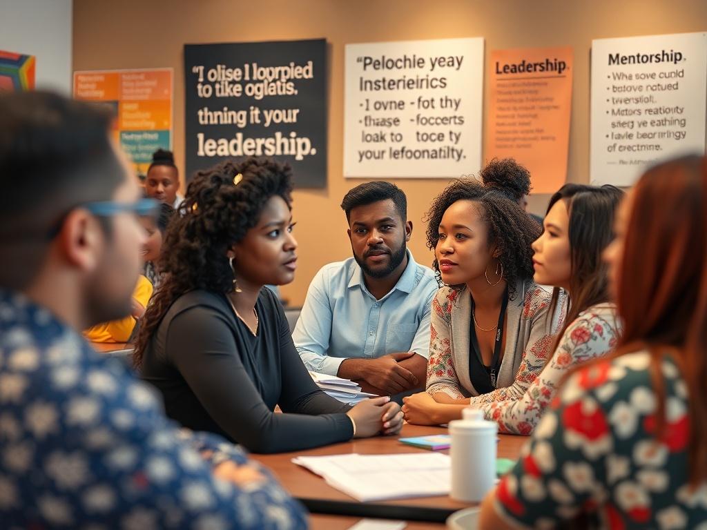 A vibrant scene capturing a mentorship workshop in action, showcasing diverse participants engaged in discussions, with inspirational quotes and leadership materials visible in the background.