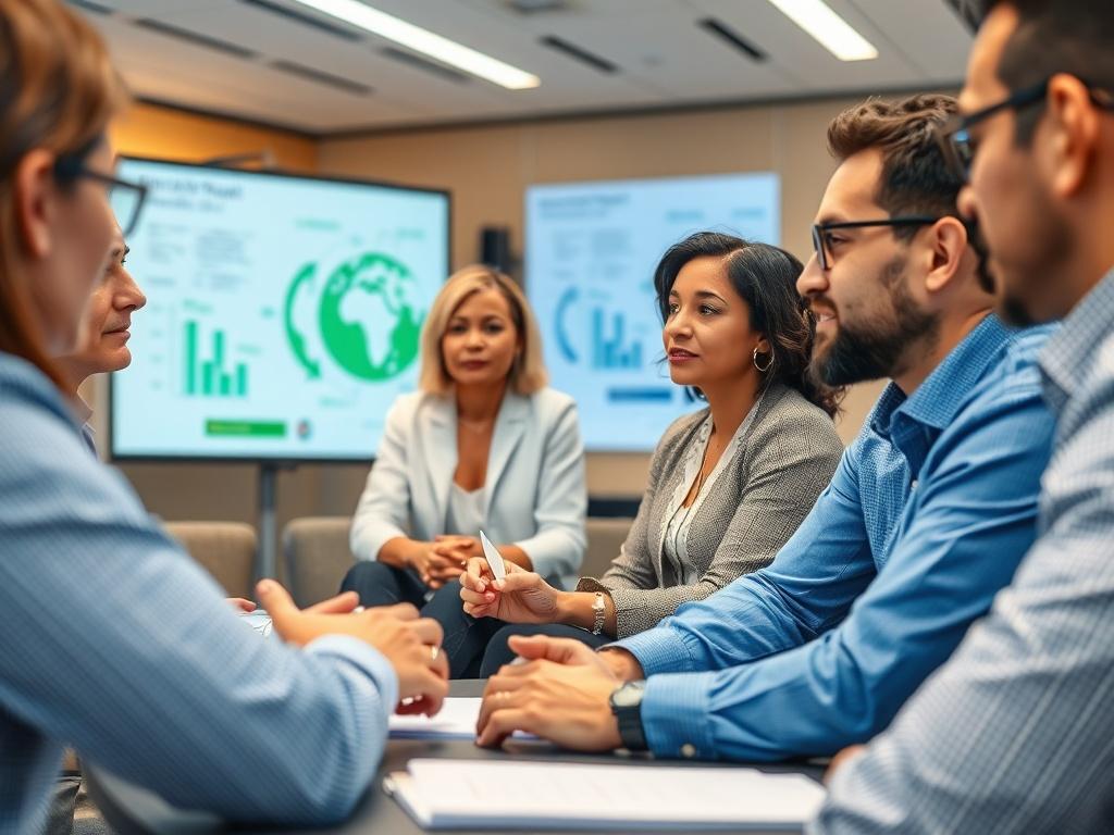 A close-up shot of a panel discussion in progress, featuring diverse professionals engaged in dialogue about renewable energy solutions, with a modern conference room setting and visual aids in the background.