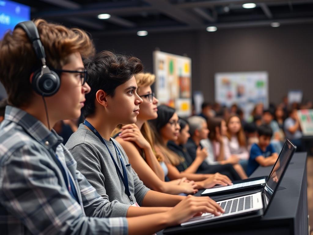 A dynamic image of young innovators pitching their ideas to a panel of judges, with an enthusiastic audience and creative project displays in the background.