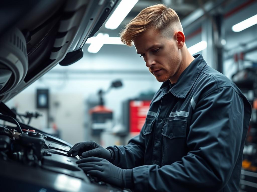 A hyper-realistic close-up shot of a skilled automotive technician working on a vehicle in a well-lit garage. The technician is focused, wearing a professional uniform, and surrounded by high-tech tools and machinery. The background should be clean and organized, highlighting the technical environment. The image should convey professionalism and expertise, with vibrant colors that complement the primary color rgb(2, 86, 197).