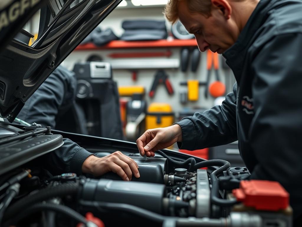 A close-up shot of a skilled technician working on a car engine, showcasing intricate details and tools. The background should be a well-lit auto repair shop with organized tools and equipment. The focus should be on the technician's hands and the engine components, capturing the essence of professional auto repairs. The image should be hyper-realistic, shot with a 45mm f/1.2 lens style.