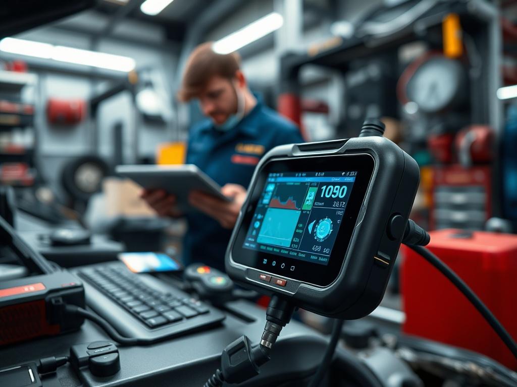 A close-up shot of a diagnostic tool connected to a car's onboard computer system. The background should include a technician analyzing data on a tablet or laptop, surrounded by automotive tools. Focus on the interaction between technology and the vehicle, emphasizing the importance of modern diagnostics in auto care. The image should be hyper-realistic, shot with a 45mm f/1.2 lens style.