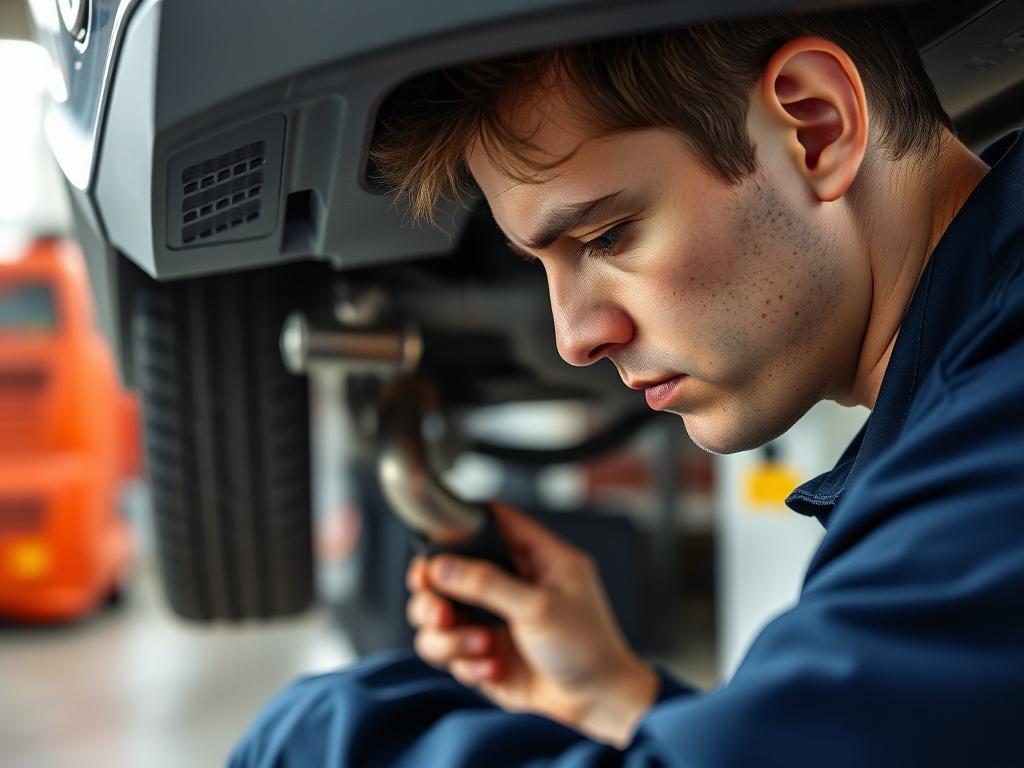 A hyper-realistic close-up of a smog check technician examining a vehicle's exhaust system. The background should depict a clean, organized smog check station with inspection equipment visible. Focus on the technician's concentration and the vehicle's components, showcasing the professionalism of the smog check process. The image should be captured with a 45mm f/1.2 lens style.
