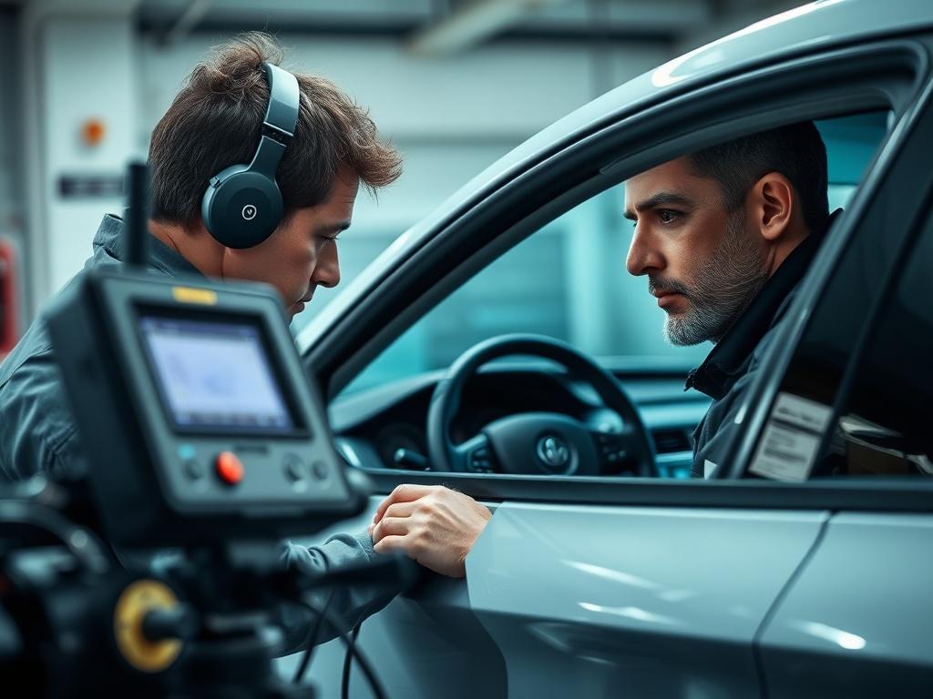 A high-resolution image of a technician performing a smog check on a car, with diagnostic equipment in the foreground. The technician should appear focused and professional, while the car is parked in a well-equipped smog testing bay. The composition should highlight the seriousness of the inspection process, with clear details of the technician's tools and the vehicle’s interior. The image should be rendered in hyper-realistic style with vibrant colors.