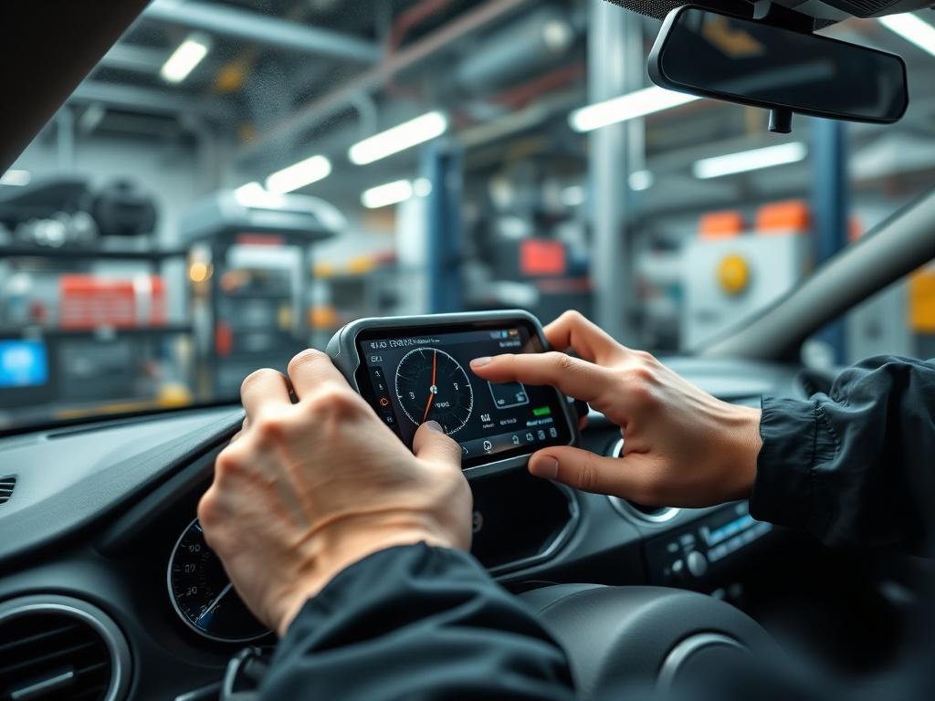 A close-up shot of a high-tech diagnostic tool being used on a car’s dashboard, displaying various data readings. The technician's hands should be visible, emphasizing the precision of the work. The background should be a modern auto repair environment equipped with various tools and machinery. The composition should capture the essence of advanced automotive diagnostics, rendered in hyper-realistic style with vibrant colors.