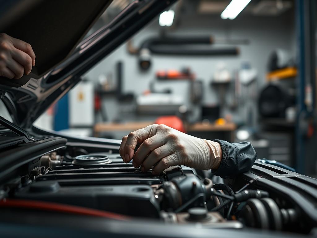 A close-up shot of a professional technician working on a car engine, showcasing their focus and expertise. The background should be a well-lit auto repair shop with tools neatly arranged. The composition should emphasize the technician's hands as they skillfully handle the engine components, conveying a sense of professionalism and precision. The image should be rendered in hyper-realistic style, capturing intricate details.