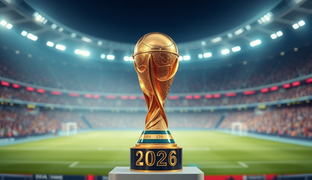 FIFA World Cup trophy on pedestal with 2026, premium sports photography