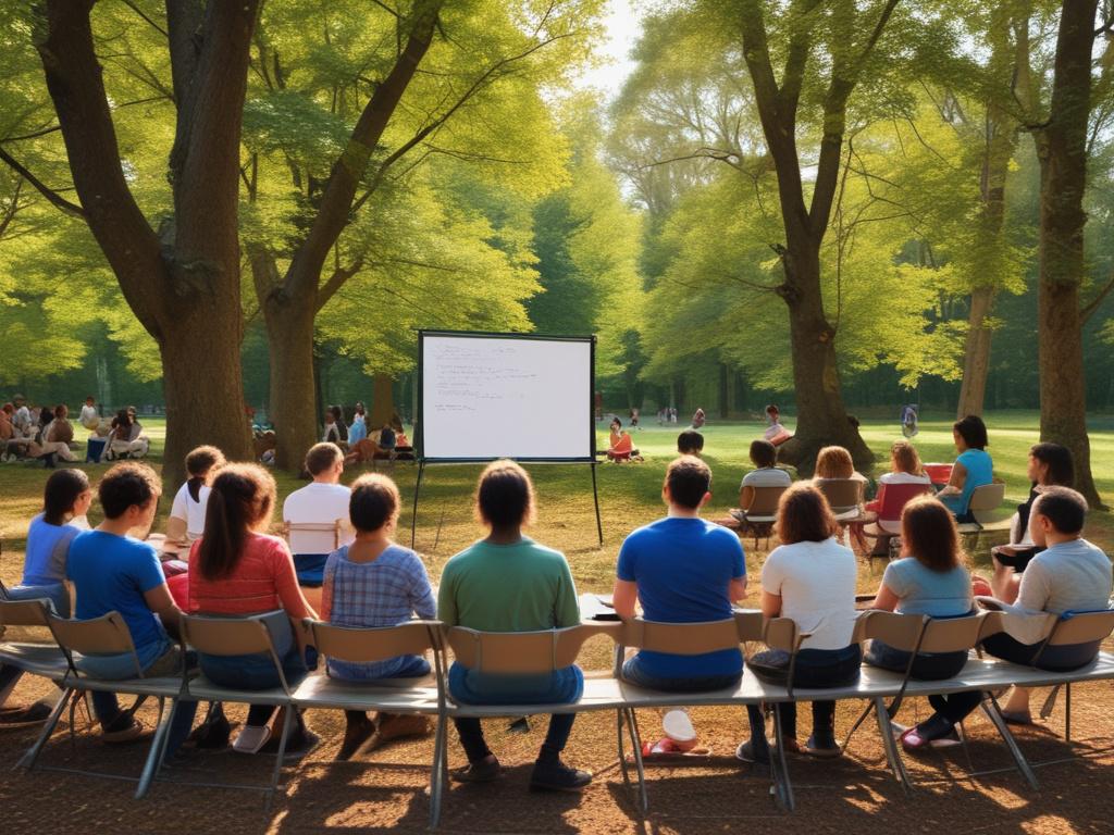 An outdoor educational seminar with a diverse group of participants
