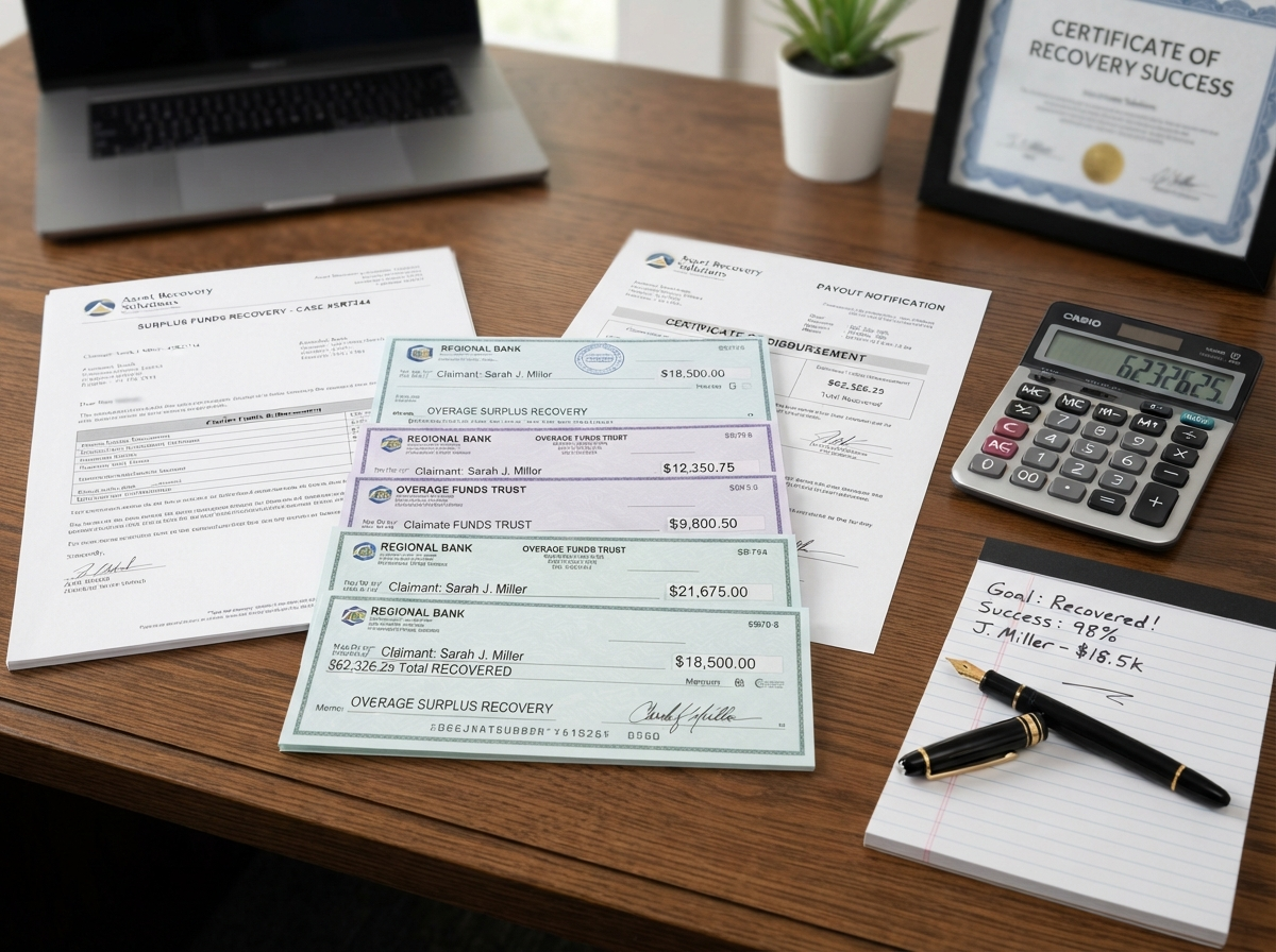 Checks and financial documents representing successful surplus fund recoveries