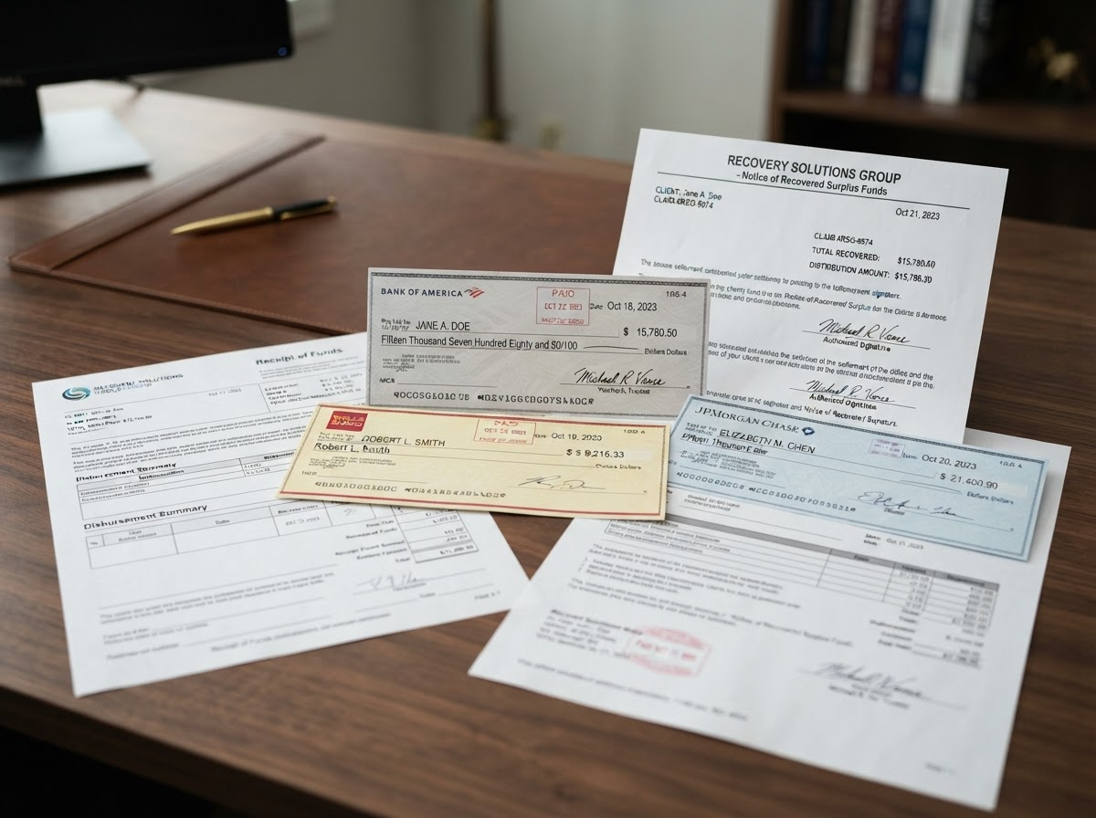 Close-up of checks representing recovered surplus funds