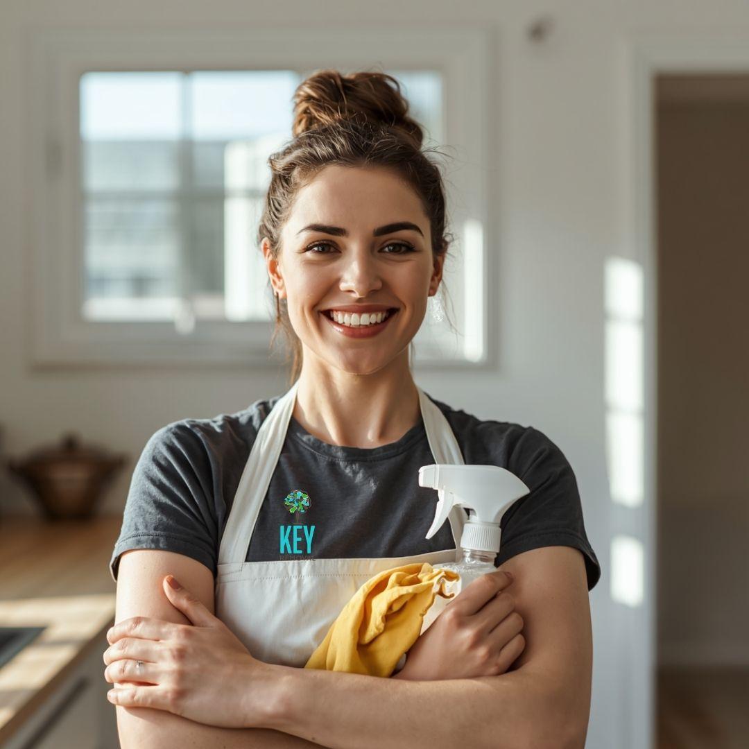 Professional woman cleaner smiling confidently with arms folded and cleaning supplies