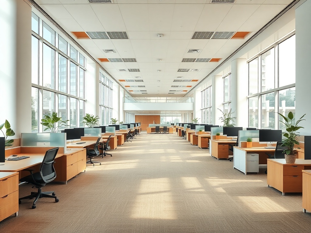 Bright, modern empty commercial office space with natural light, contemporary design, and inviting workspace