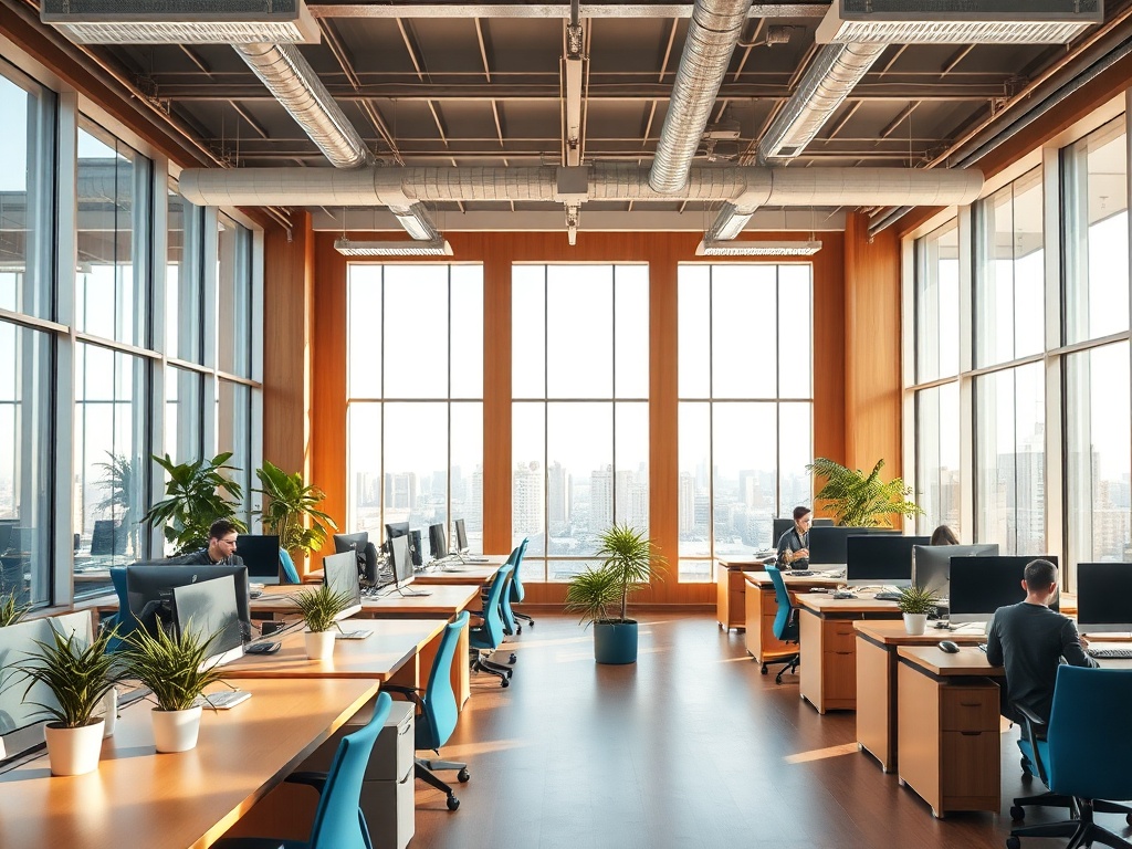 Warm, modern commercial office space with natural light, clean workspace, and professional collaboration