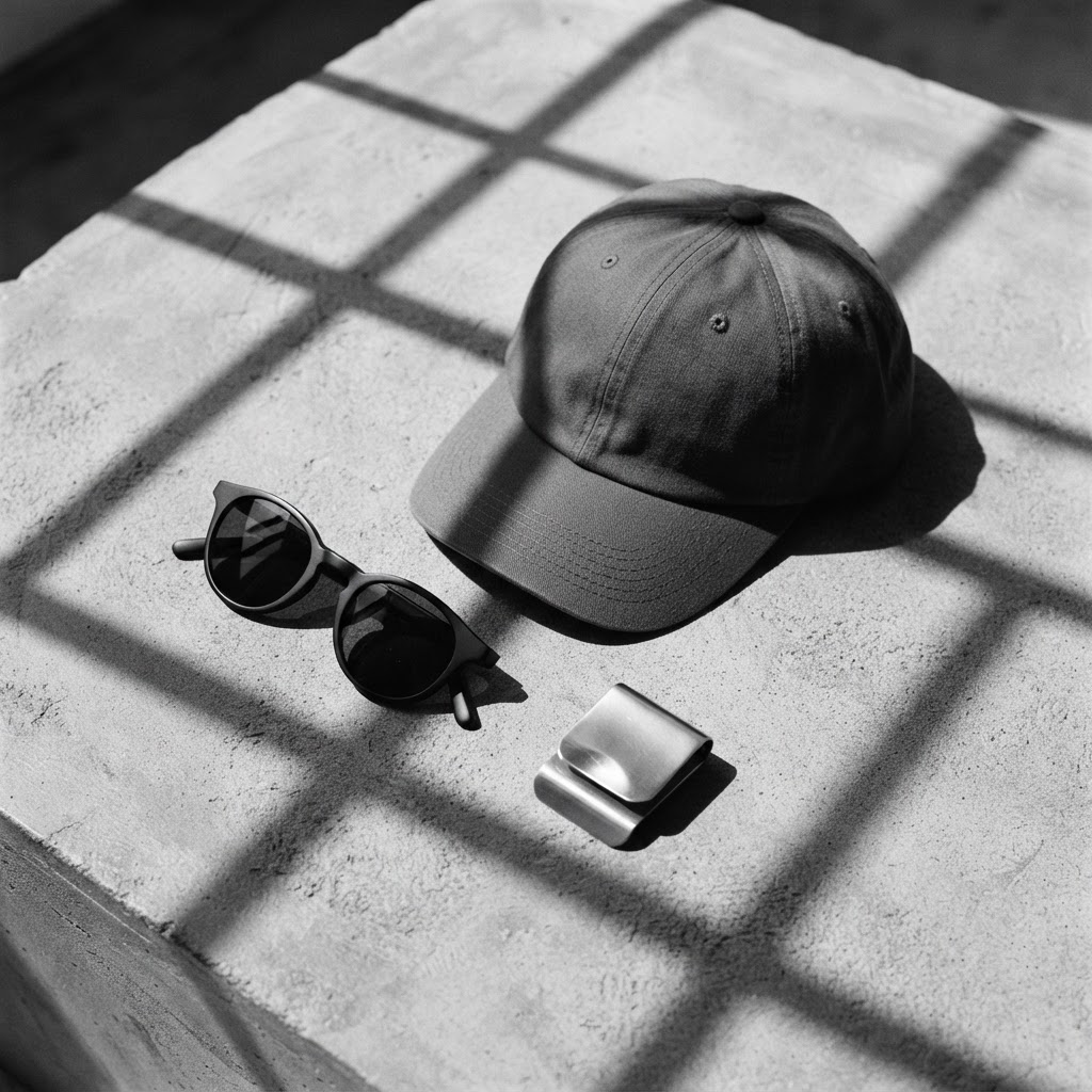 Unbranded eyewear and small accessories in graphic daylight
