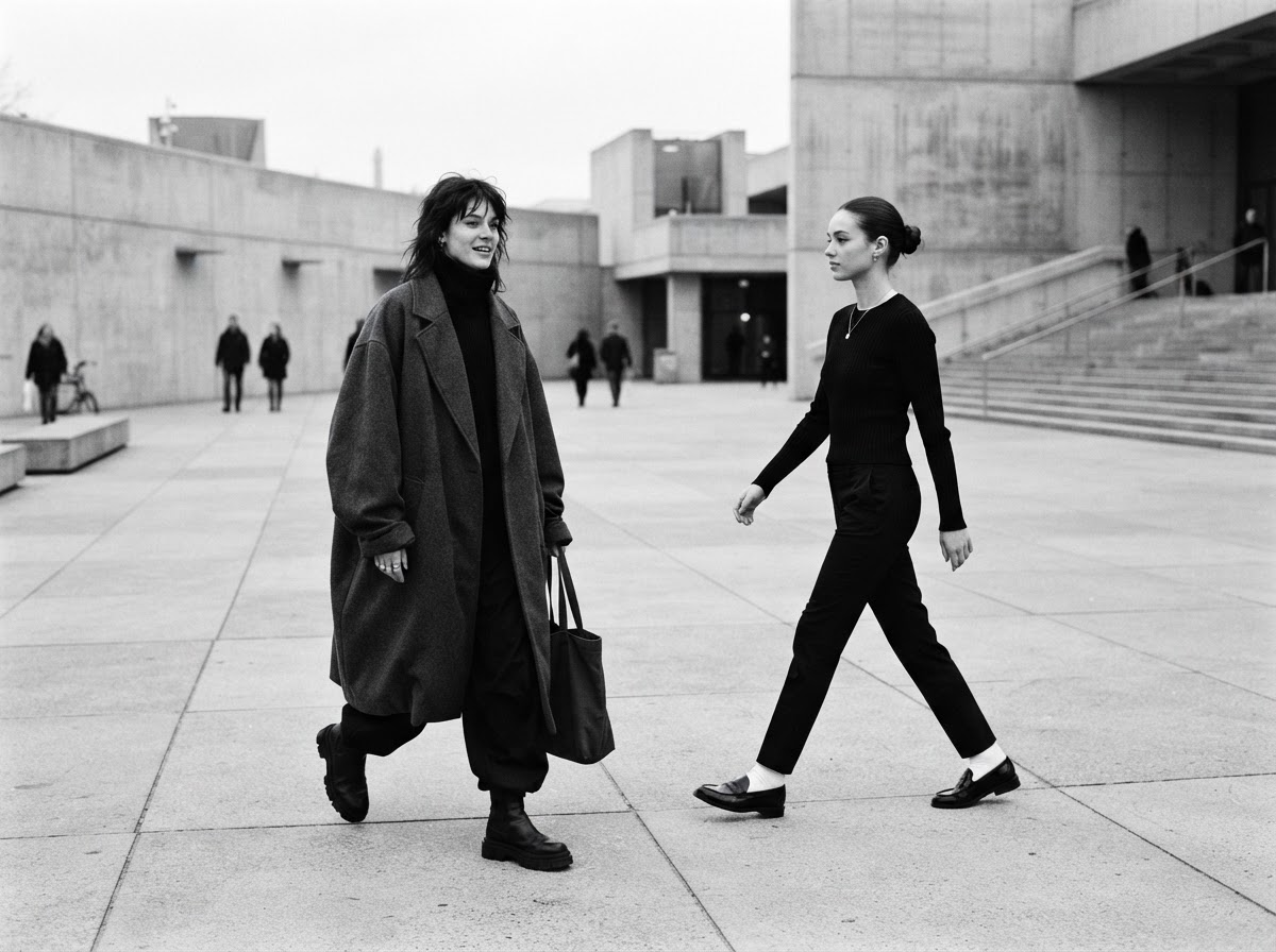 Two contemporary silhouettes contrasting proportion in a concrete plaza