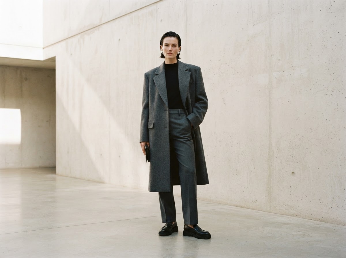 Editorial study of an oversized charcoal coat and straight trouser silhouette