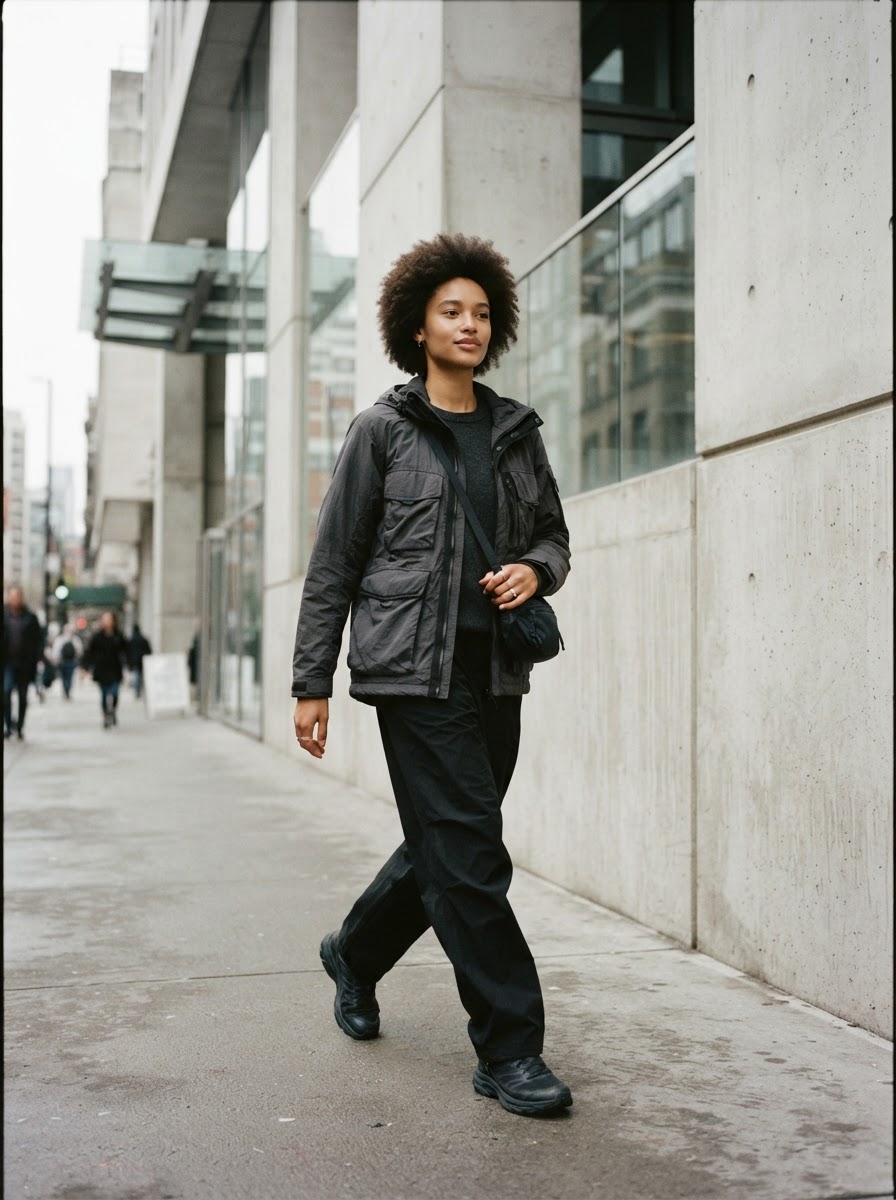 A model in layered contemporary clothing walks through a concrete and glass city passage