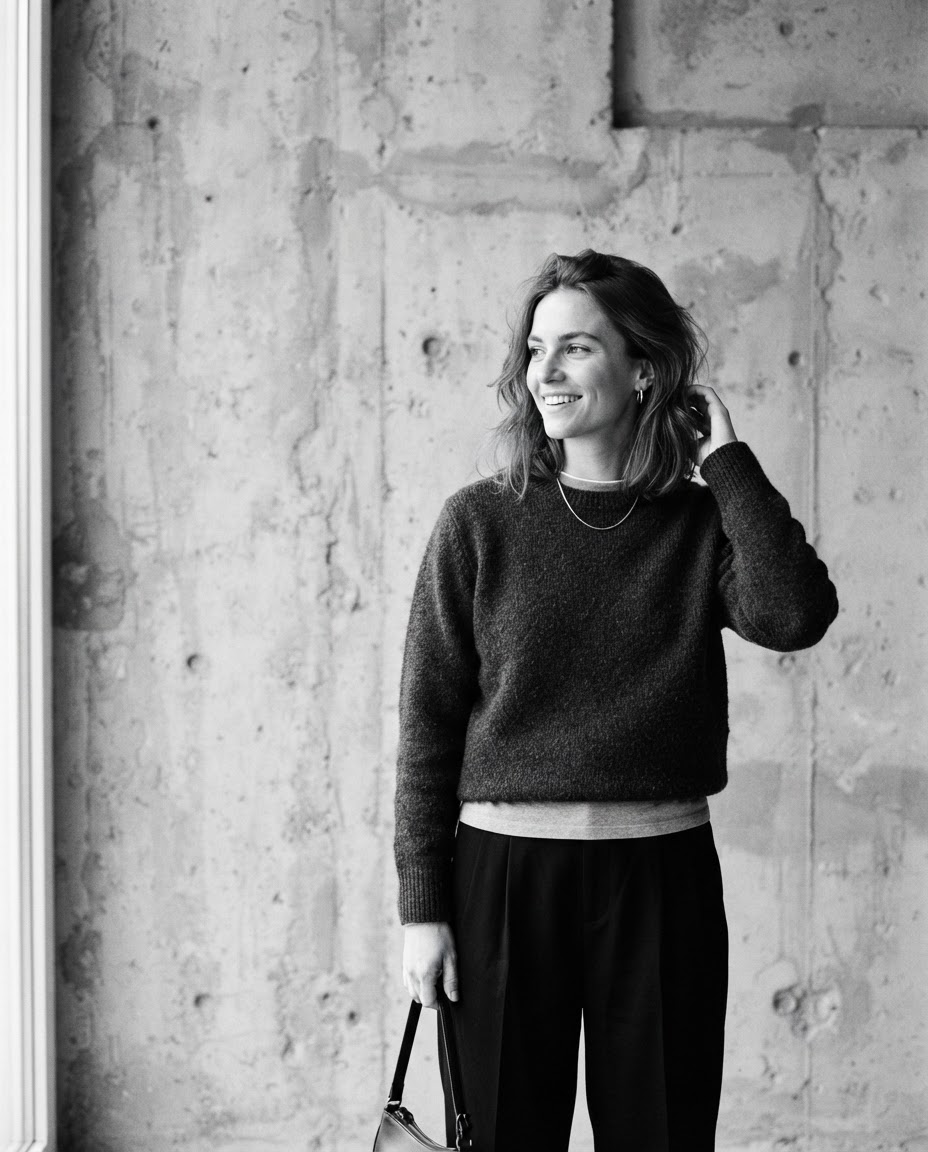 Monochrome editorial portrait in understated layered everyday clothing