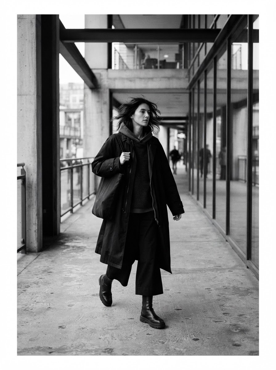 Full-length contemporary street-style portrait with a layered silhouette in an urban passage