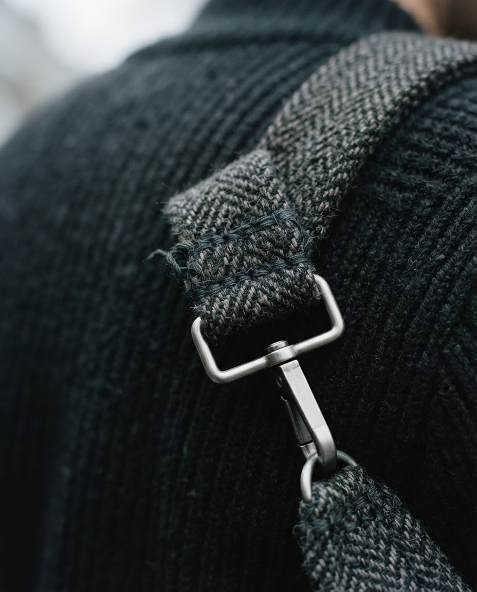Close-up editorial view of bag strap weave and hardware against dark clothing