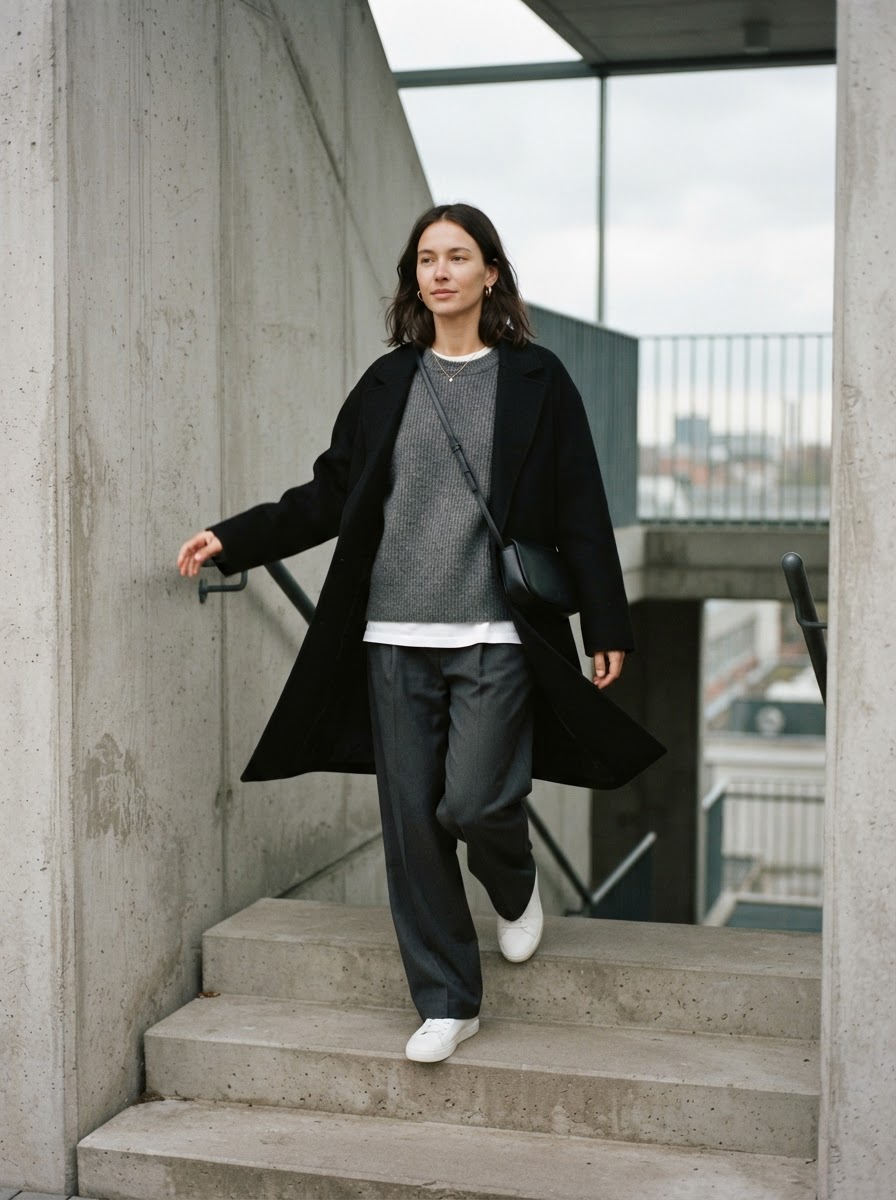 Layered contemporary clothing in an urban stairway