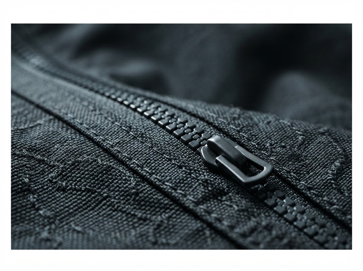 Close-up of dark woven technical fabric with seam and zipper detail