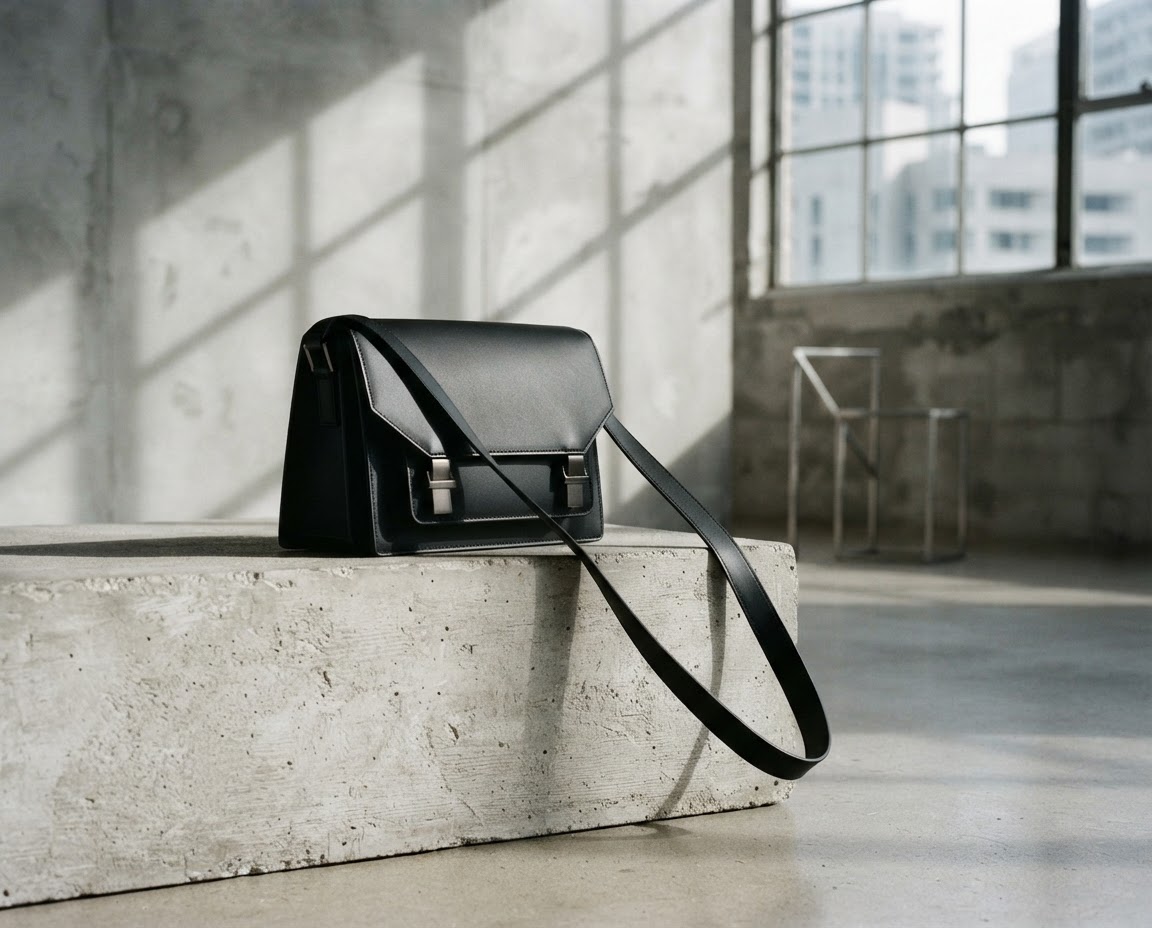 Unbranded structured black shoulder bag arranged on a concrete plinth