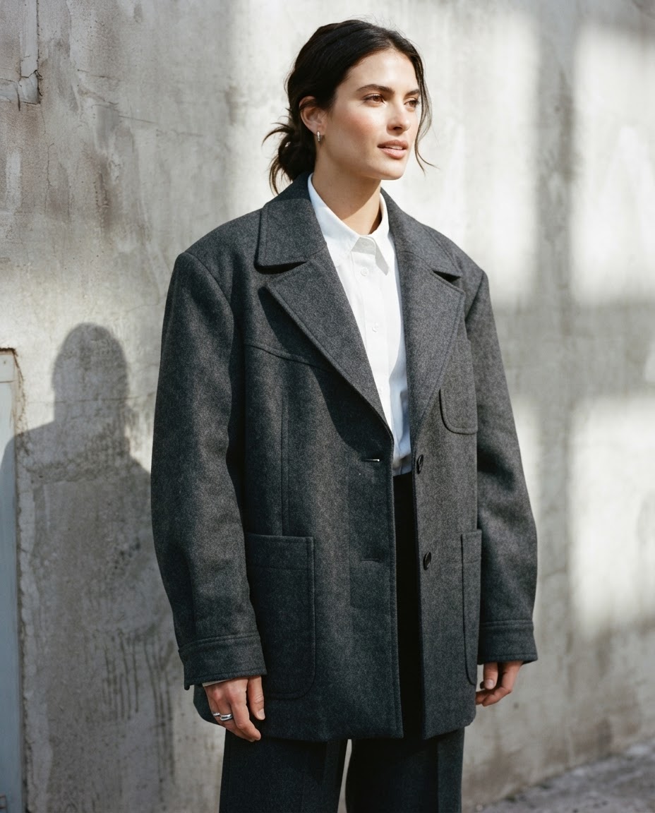 An editorial study in structured everyday clothing against concrete