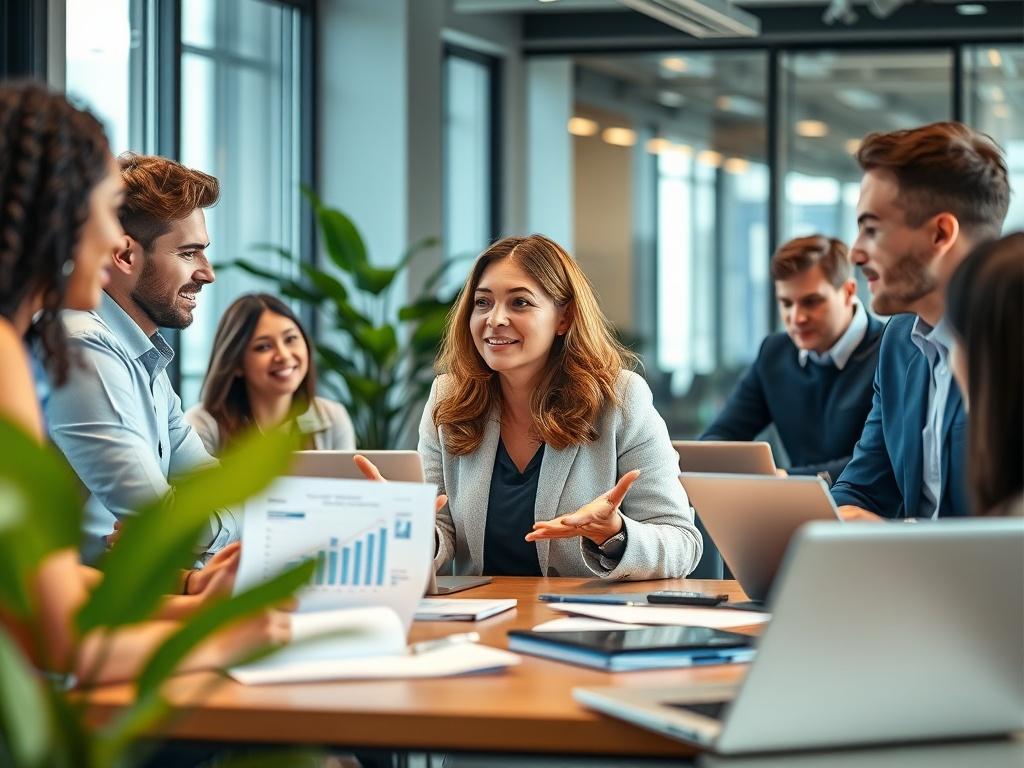 A hyper-realistic close-up shot of a marketing strategy session in a modern office. A diverse team of professionals are engaged in a brainstorming session, with charts and laptops around them, showcasing a dynamic and collaborative atmosphere. The focus is on a female leader presenting ideas confidently, with a green plant in the background to symbolize growth and sustainability. The image should be shot with a 45mm f/1.2 lens.