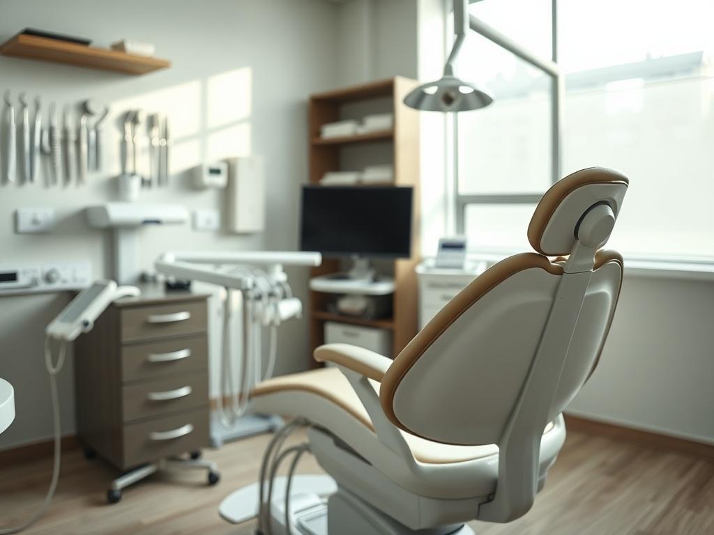 A hyper-realistic close-up shot of a dental clinic interior, showcasing a modern dental chair and equipment in a clean, bright setting. The focus is on the dental chair, with soft natural light illuminating the area to create a welcoming atmosphere. The background features neatly organized dental tools and a calming color palette that includes shades of green and white, emphasizing a professional and inviting environment.