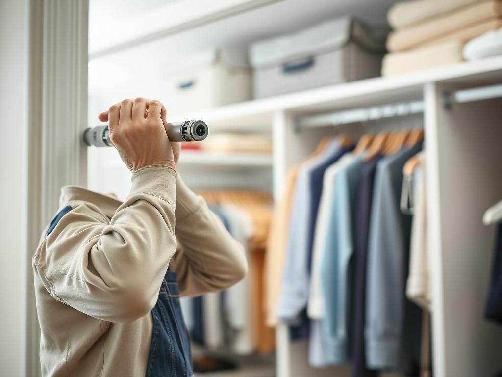 A focused shot of a technician repairing closet sliding doors,