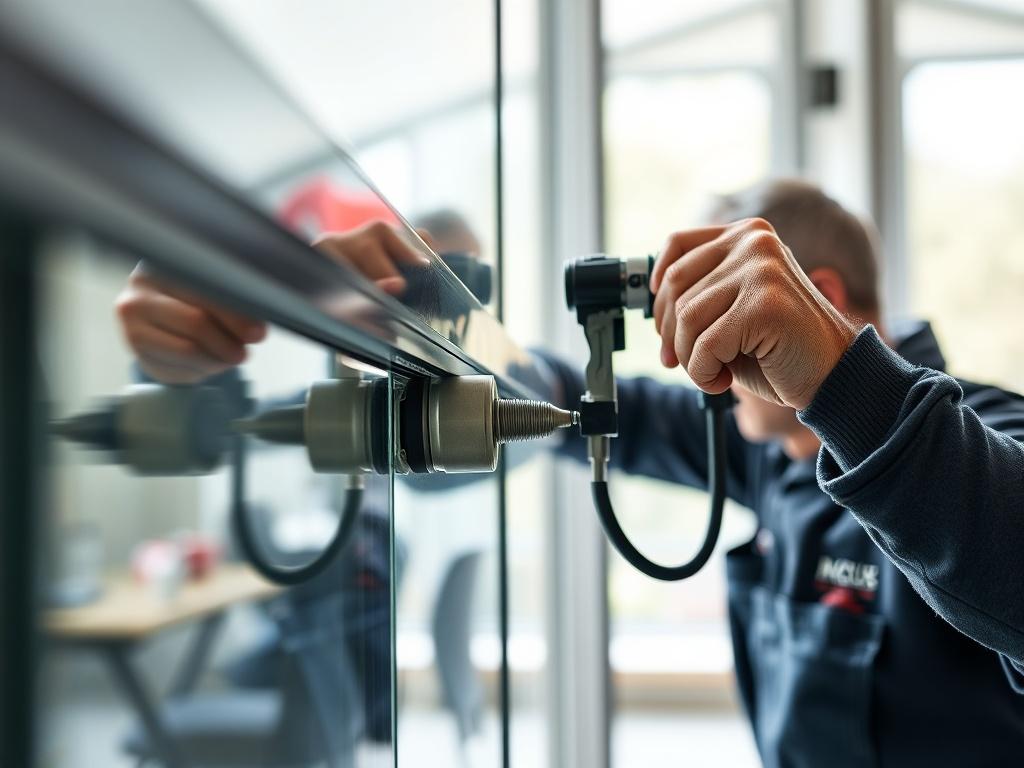 A close up shot of a technician repairing a sliding