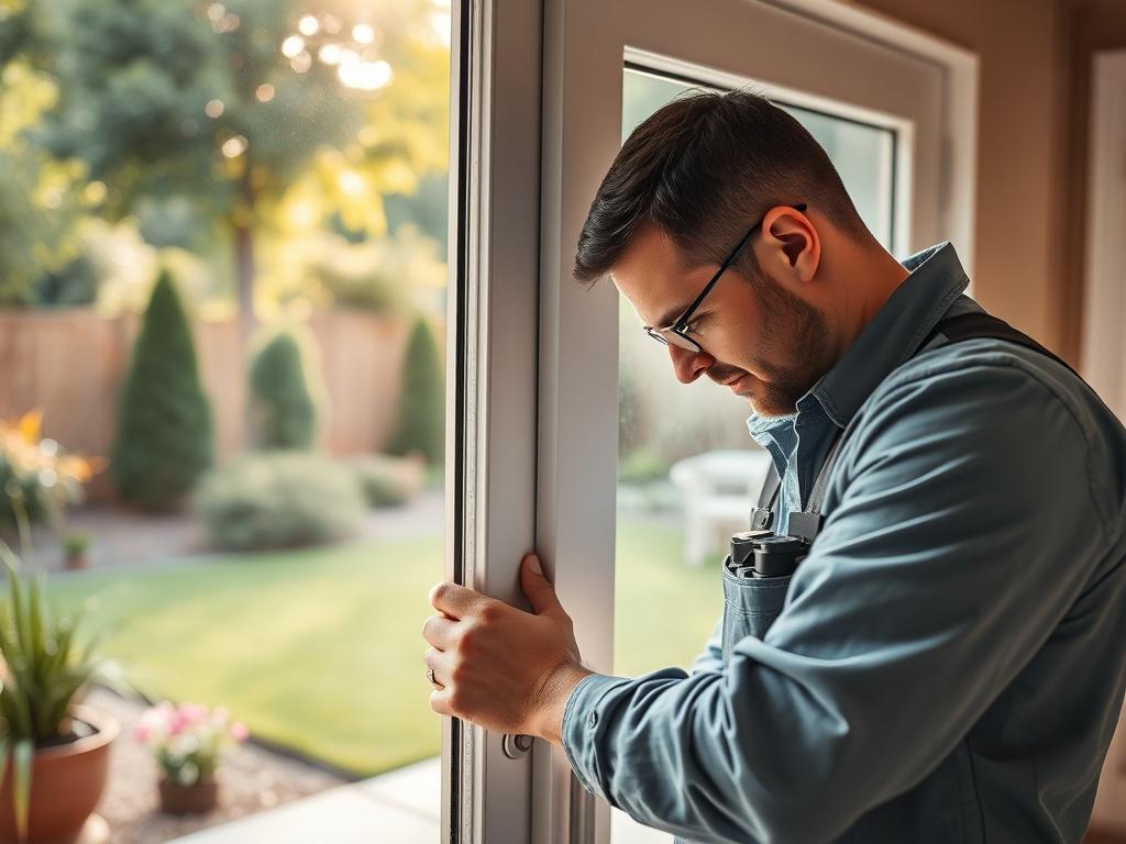 A technician performing maintenance on a patio door, adjusting the