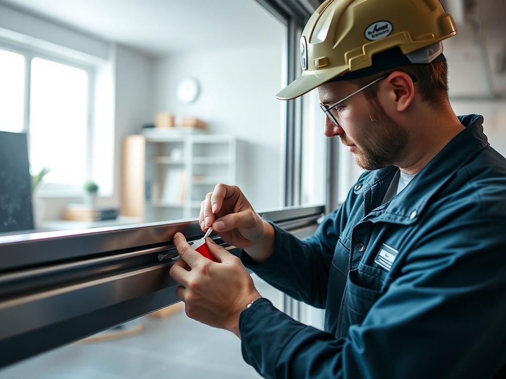 A technician conducting preventive maintenance on a sliding door, focusing