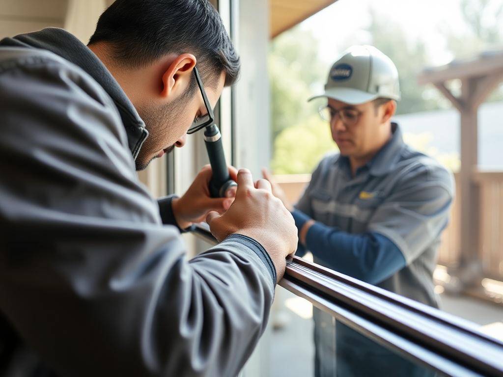 A technician performing maintenance on a patio door, focusing on
