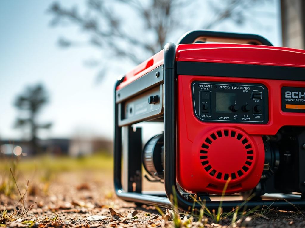 A realistic high-resolution close-up shot of a portable generator in a well-lit outdoor setting. The generator should be the sole subject, showcasing its robust design and features. The background should be simple and unobtrusive, emphasizing the generator's details. Use vibrant colors to convey energy and reliability, with a focus on the generator's controls and casing.