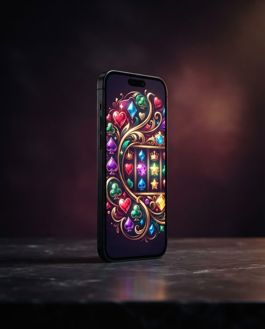 A smartphone showing a colorful casino gaming interface