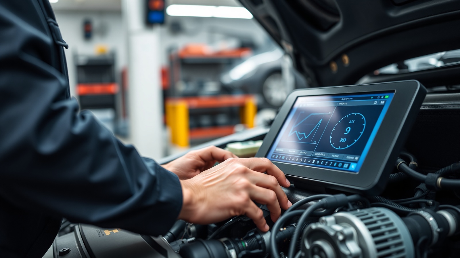 Auto technician working on engine diagnostics