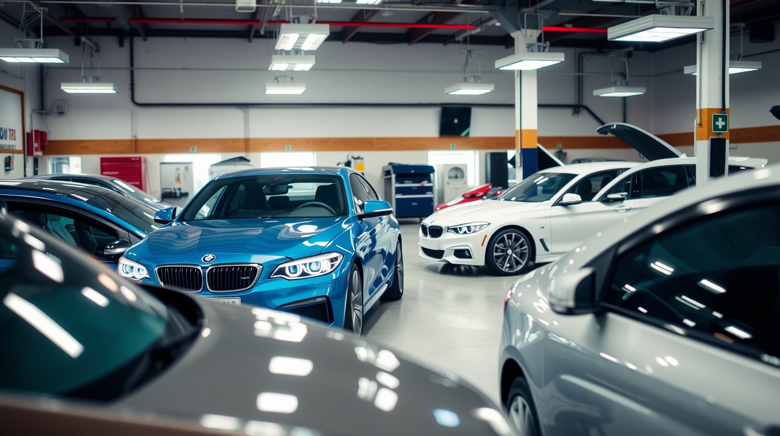 Variety of domestic, European, and Asian vehicles in auto repair shop
