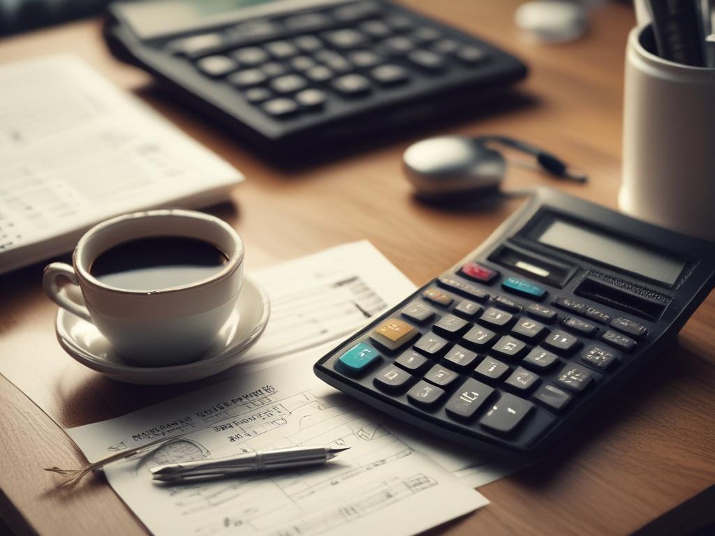 close-up of a calculator, bills, and a cup of coffee on a desk, hyper-realistic, shot with a 45mm f/1.2 lens