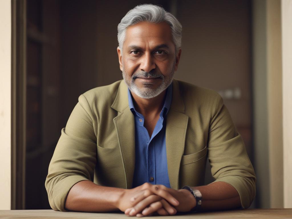 **AI Image Generation Prompt:**

Create a realistic high-resolution photograph featuring a single subject: a middle-aged South Asian man with a thoughtful expression, representing Vishal Ram, a Consultant Psychologist. He should be seated in a comfortable, inviting therapy room, surrounded by earthy, natural textures that promote a sense of calm and well-being. The background should include a cozy armchair, a soft rug, and a small bookshelf filled with mental health-related books, plants, and soothing decor