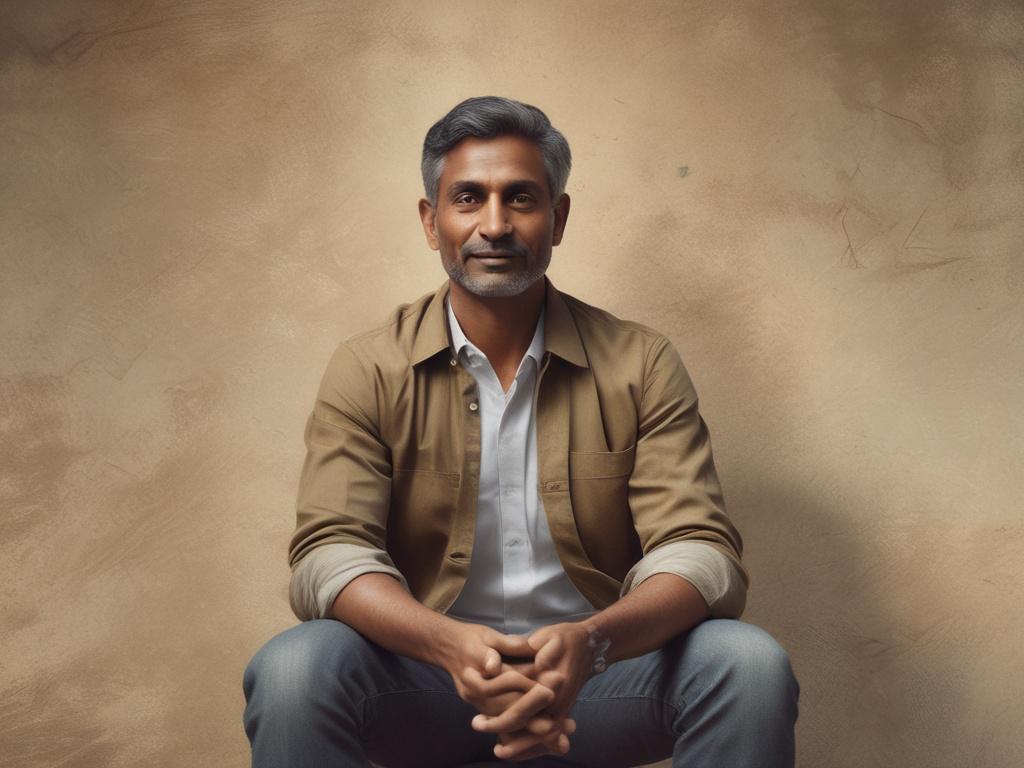 **AI Image Generation Prompt:**

Create a realistic, high-resolution image featuring a single therapist, Vishal Ram, who exemplifies the essence of online therapy in India. The subject should be a middle-aged South Asian man, sitting comfortably in a warm, inviting office. He should have a thoughtful expression, radiating empathy and understanding. Vishal is dressed in smart-casual attire, conveying professionalism yet approachability. 

The background should display a cozy therapy setting with soft, earth-