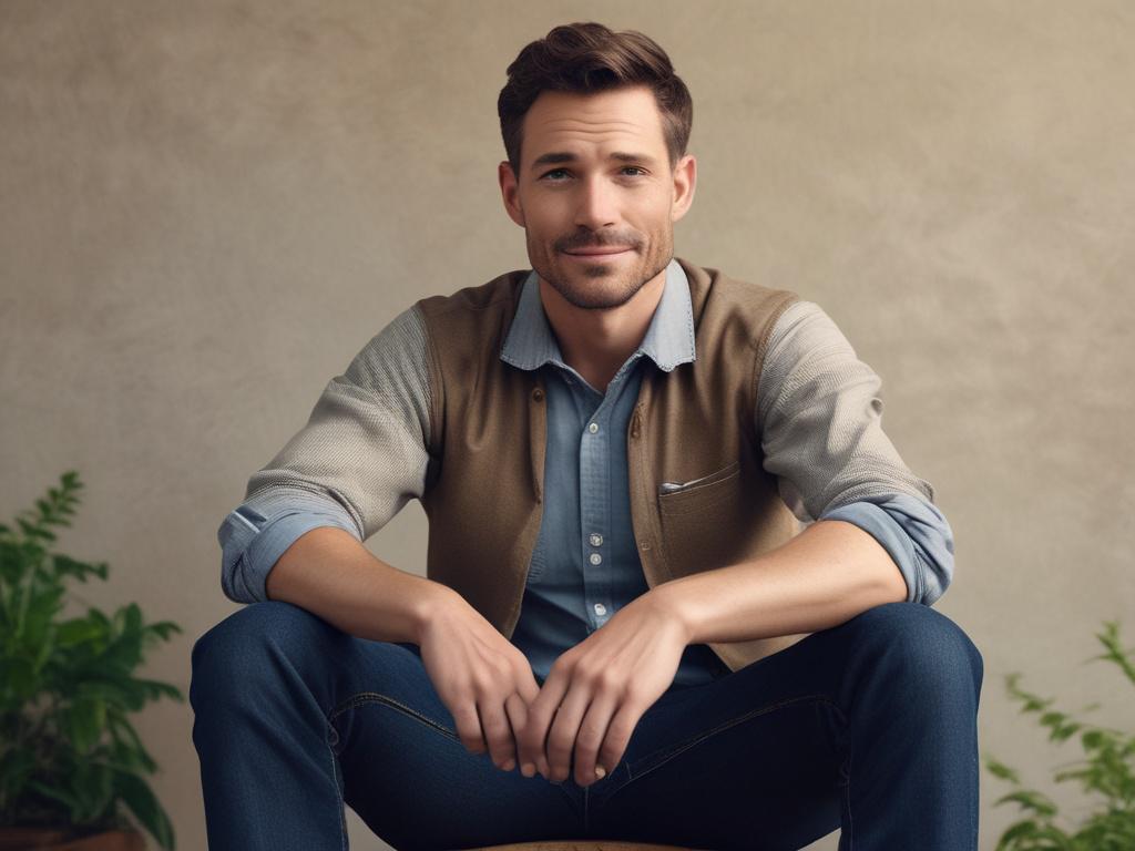 **AI Image Generation Prompt:**

Create a realistic high-resolution photo that captures the essence of men's mental health and therapy. The image should feature a single male subject, aged between 30 and 40, seated in a comfortable, relaxed position on a rustic sofa. He should exhibit a contemplative expression, reflecting a moment of introspection and vulnerability. 

The background should have warm, earthy tones—such as soft browns and greens—along with natural textures like wood and fabric, suggesting a 