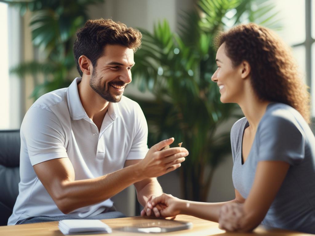 A close-up shot of a wellness coach engaging with a client in a serene environment, demonstrating empathy and support. The background features soft natural lighting and calming elements like plants and soft colors, shot with a 45mm f/1.2 lens style.