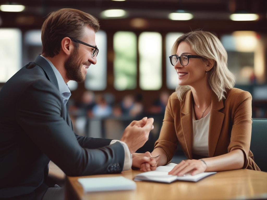 **AI Image Generation Prompt:**

Create a hyper-realistic, high-resolution close-up shot of a life coach engaged in a dynamic conversation with a client during a coaching session. The subject should be a middle-aged woman, exuding warmth and confidence, as she gestures towards the client, reflecting engagement and empathy. Capture her expression of encouragement and understanding, showcasing the emotional connection that life coaching fosters.

The background should be a softly blurred, cozy office setting,