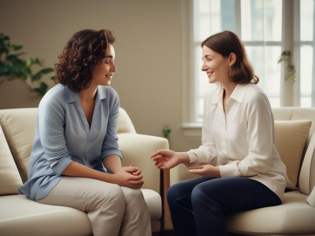 A close-up shot of a serene therapist in a cozy, inviting therapy room. The therapist is engaged in a conversation, showing empathy and understanding, with soft natural light illuminating the space. The background features calming colors and comfortable furnishings, creating a warm and approachable atmosphere.